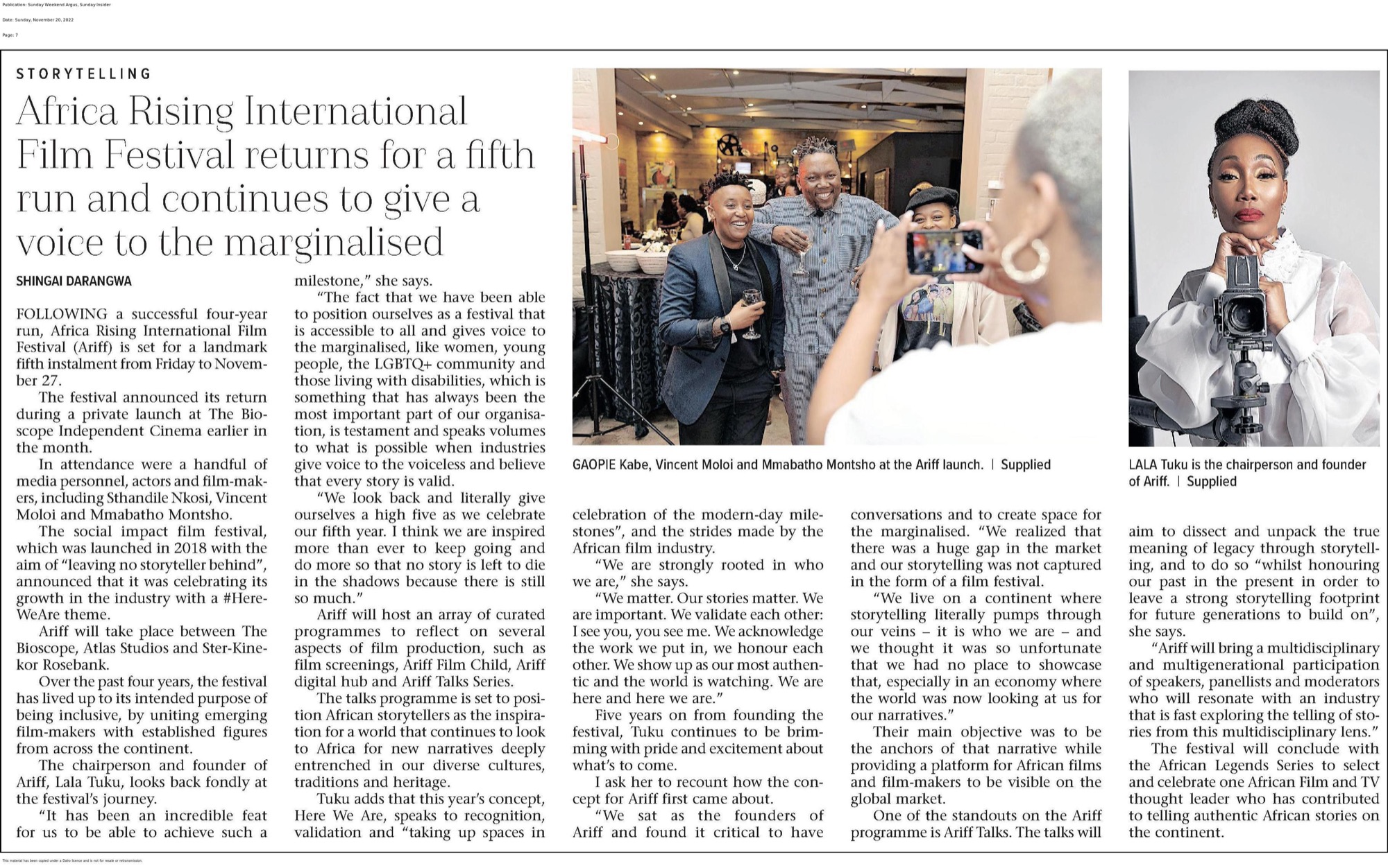 Weekend Argus coverage of ARIFF